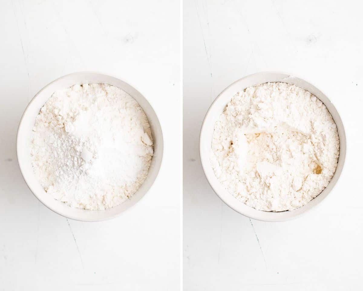 Ingredientes secos antes e depois de misturados.