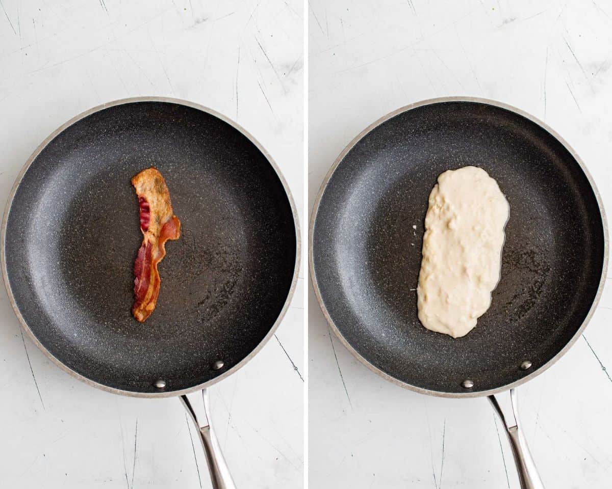 Bacon antes e depois de coberto com massa de panqueca.