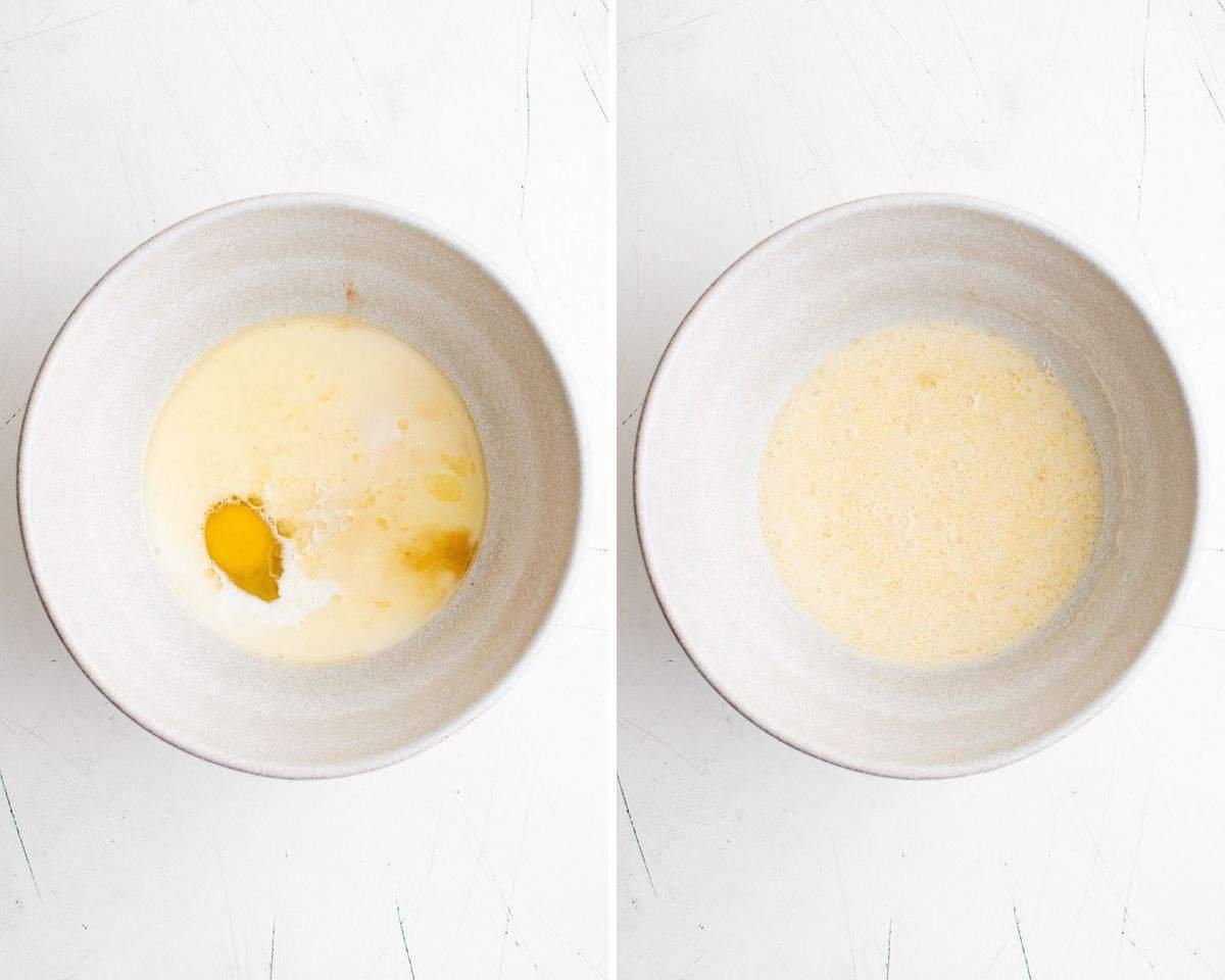 Ingredientes molhados antes e depois de serem batidos.