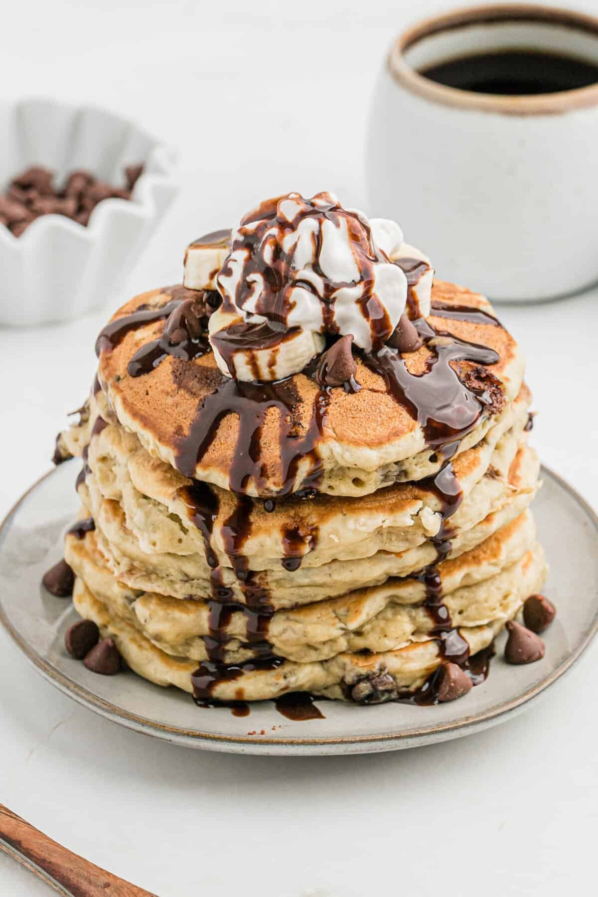 Stack of banana chocolate chip pancakes.