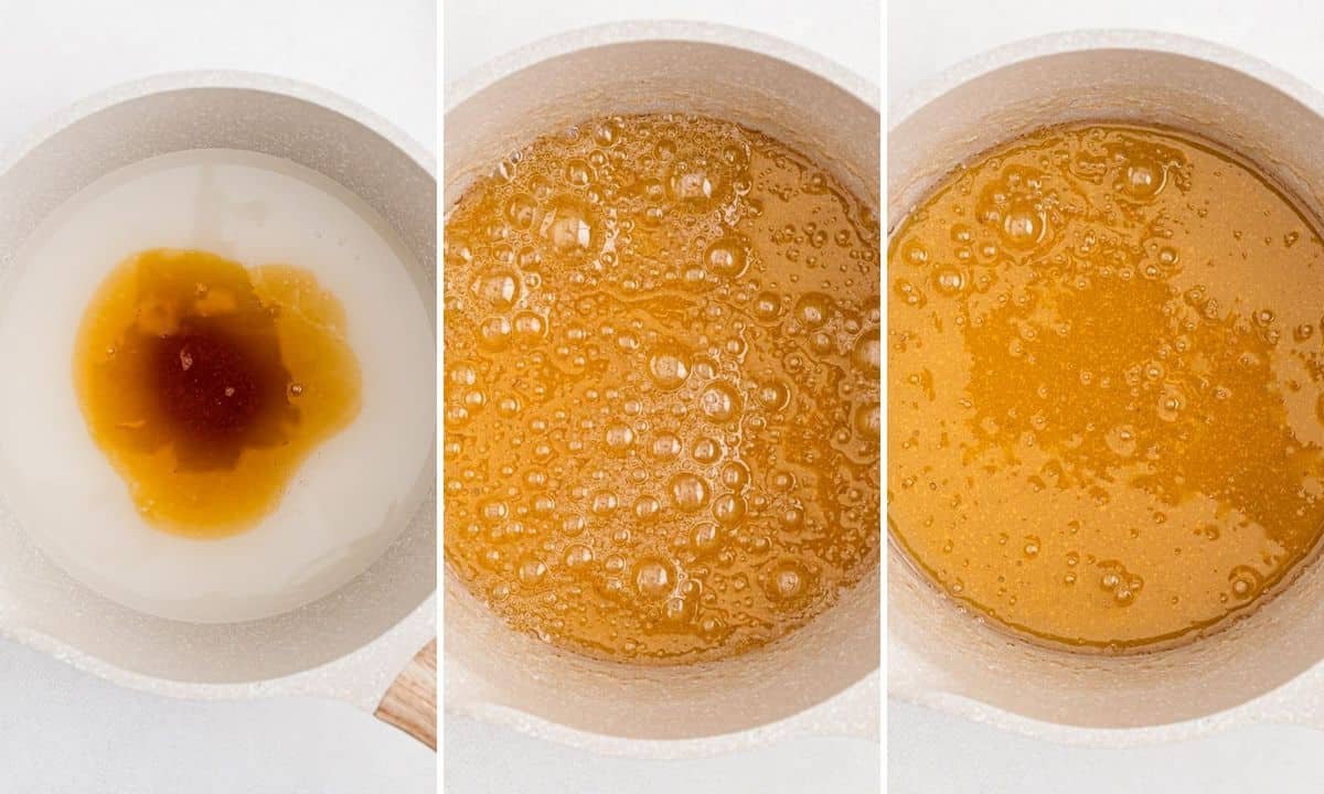 3 imagens mostrando como fazer caramelo