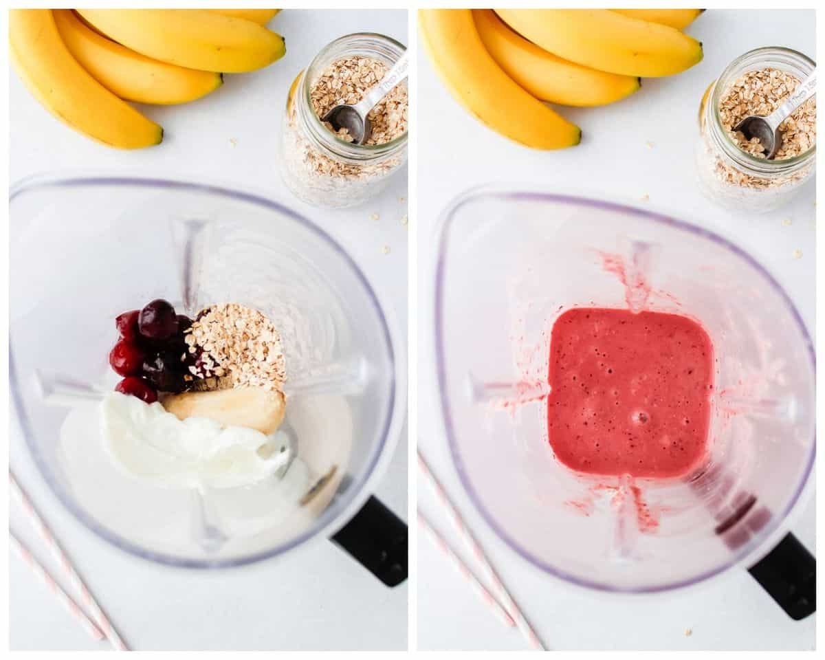 Dois liquidificadores, um com smoothie não misturado e outro com smoothie misturado.