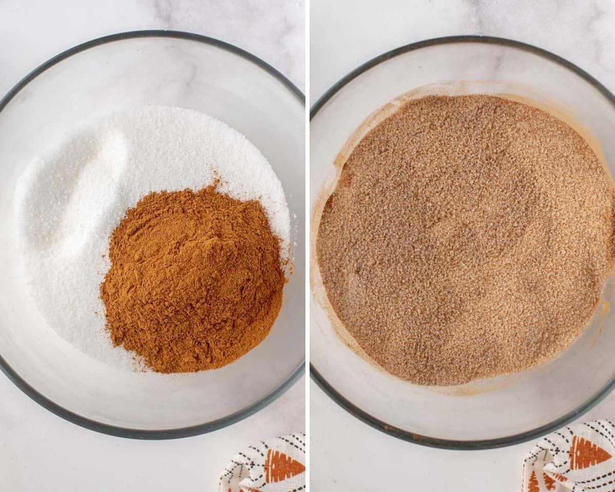 Antes e depois de misturar canela e açúcar.
