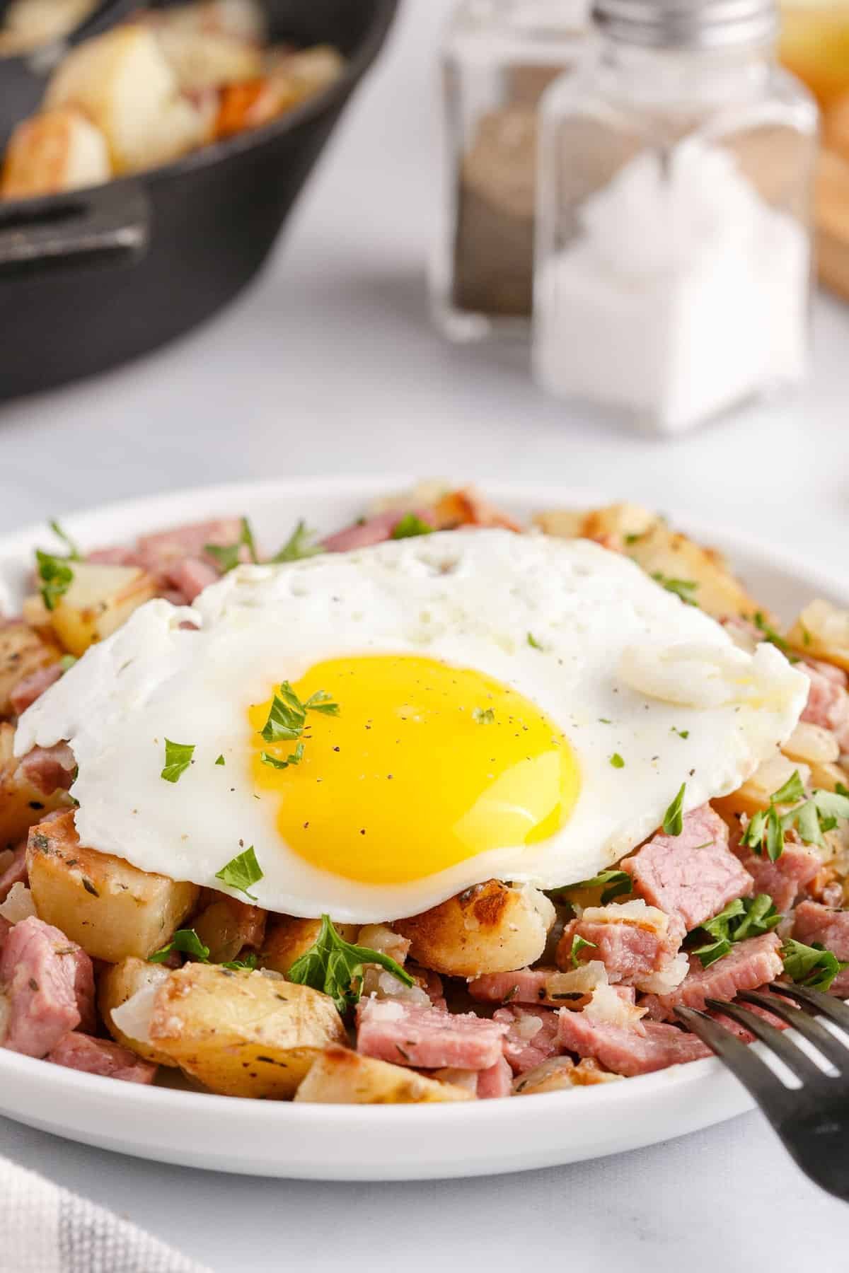 Corned beef hash topped with an egg.