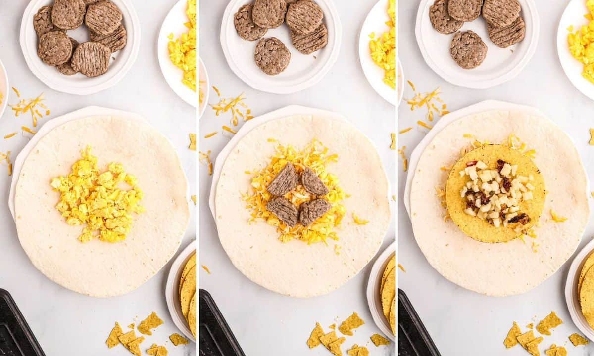 Passos para encher um crunchwrap de café da manhã.