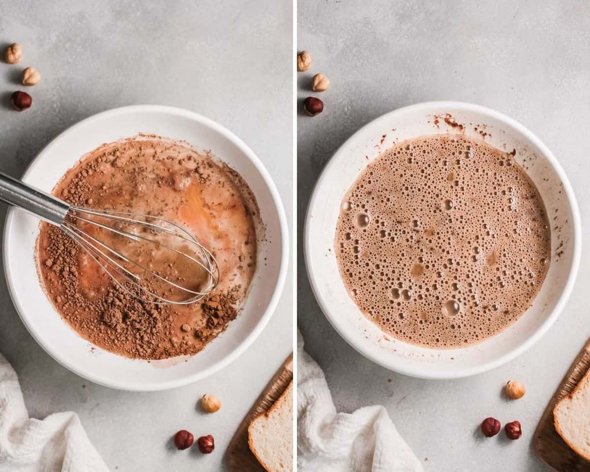 Mistura de ovos da torrada francesa antes e depois de misturar.
