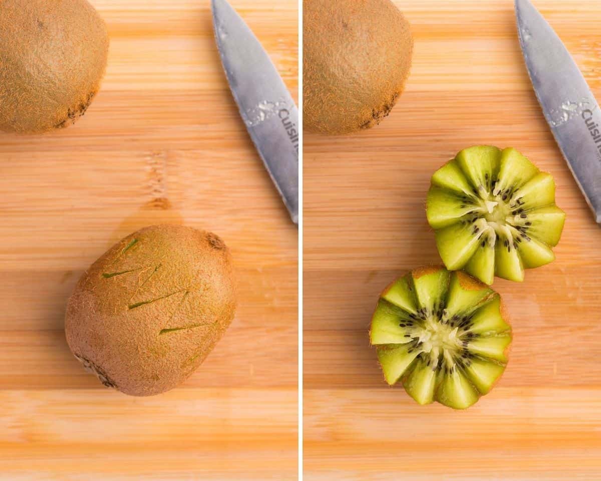 Duas imagens mostrando como fazer uma flor de kiwi.