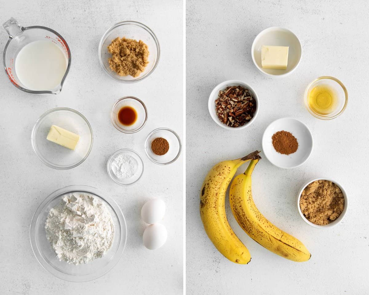 Ingredientes necessários para as panquecas e a cobertura de bananas Foster.