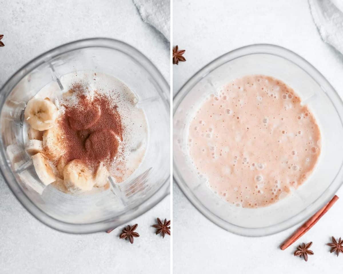 Smoothie antes e depois de ser batido em um liquidificador.