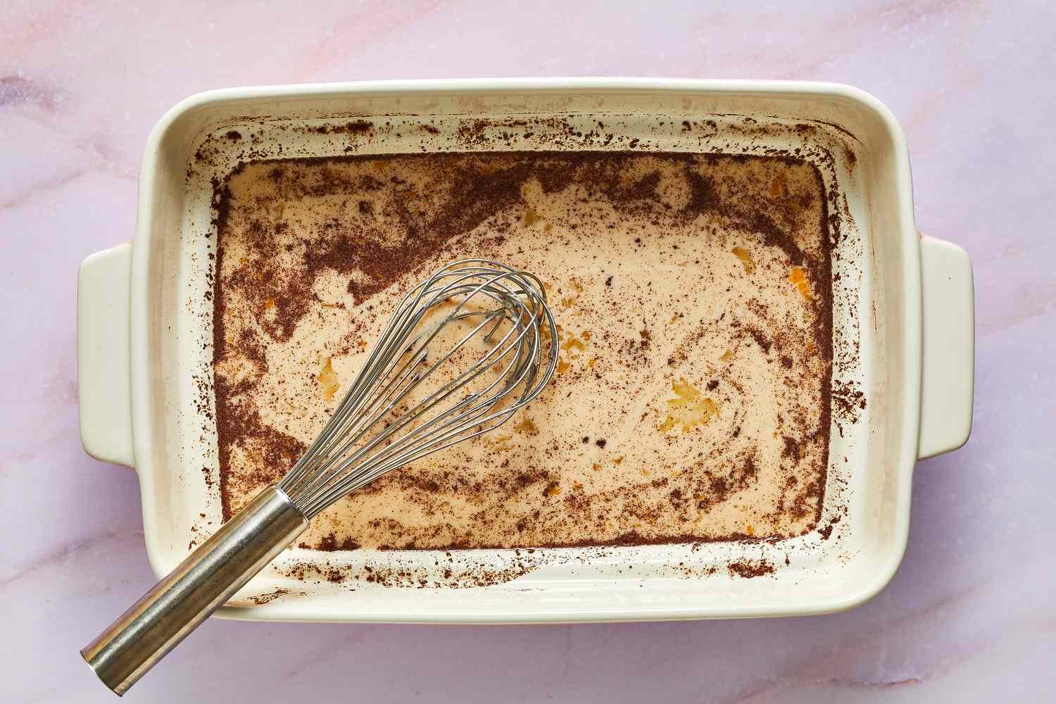 A shallow baking dish filled with custard