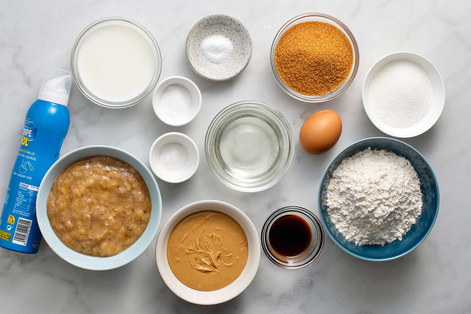 Peanut Butter Banana Bread ingredients in bowls