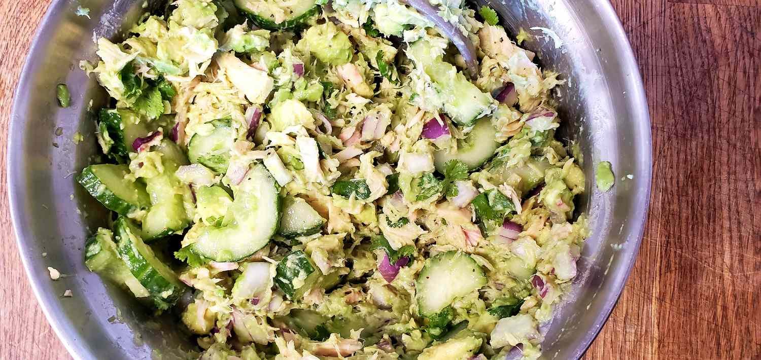 Avocado tuna salad mixture in a bowl