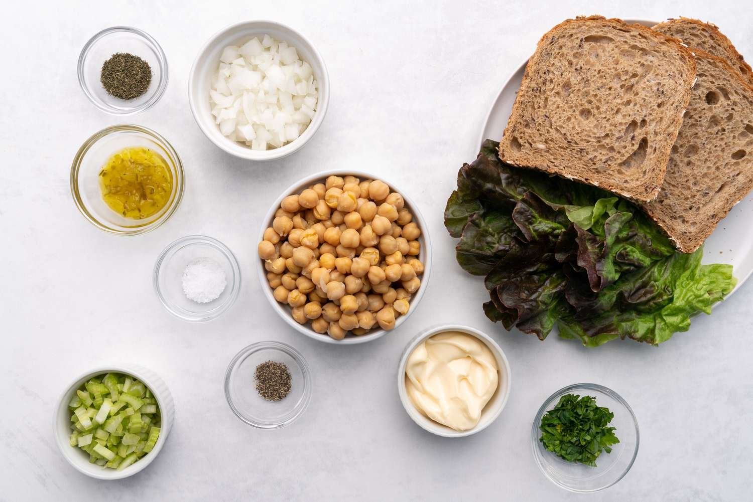 Ingredients for vegan chickpea tuna salad gathered