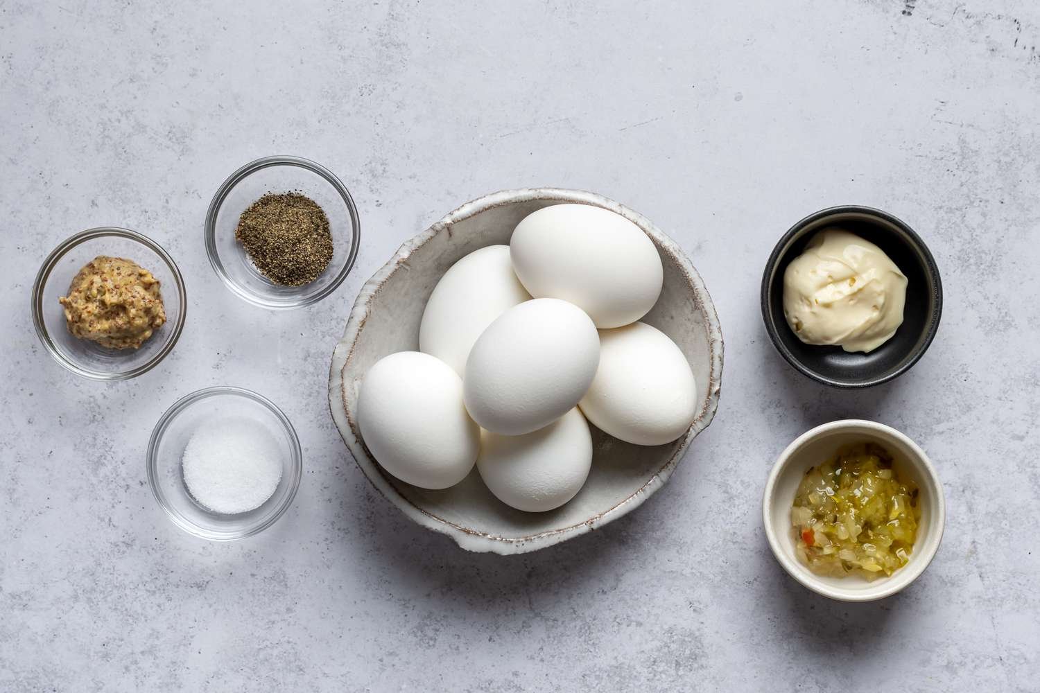 Classic Egg Salad With Relish ingredients in bowls