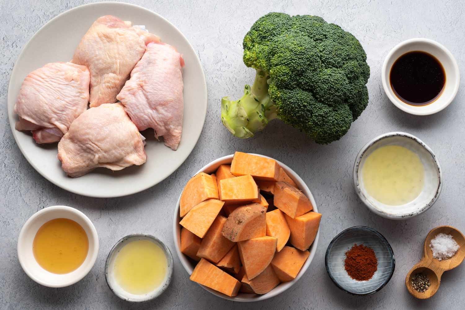 Ingredients for Roasted Sheet Pan Chicken, Sweet Potatoes, and Broccoli