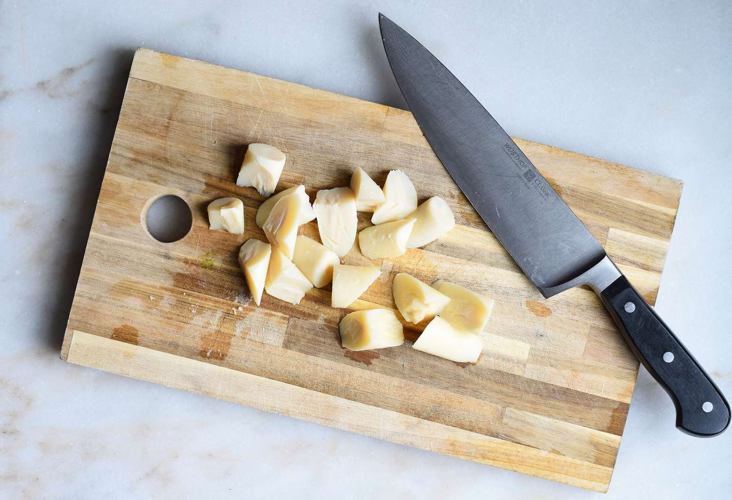 Hearts of palm cut on a cutting board